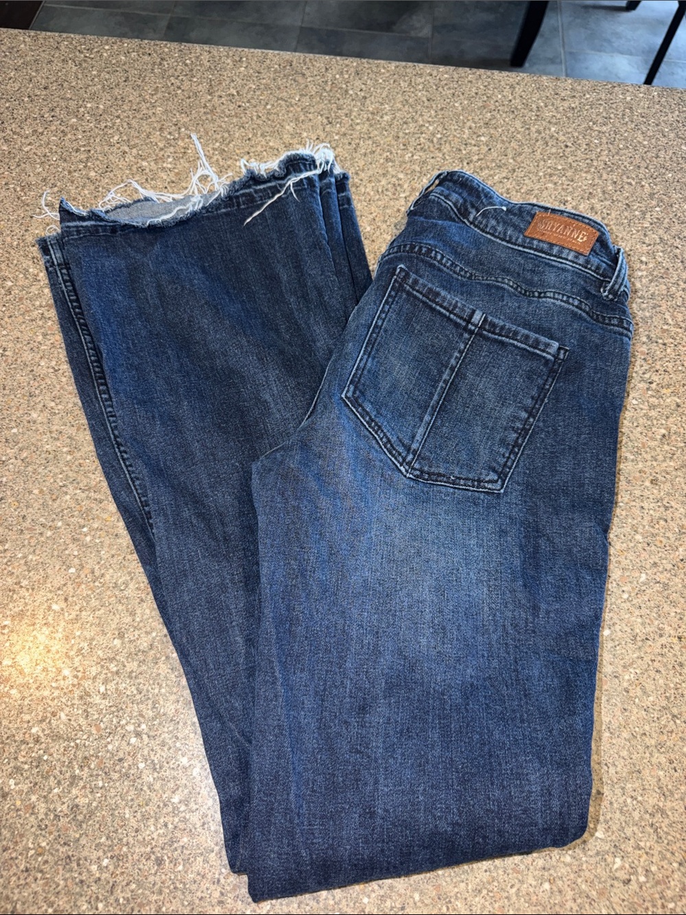 Shyanne Dark Blue Flare Jeans with Frayed Hem